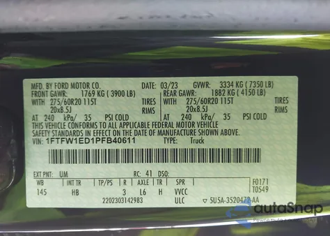 2023 Ford F-150 Lariat z USA, uszkodzony, nr VIN 1FTFW1ED1PFB40611